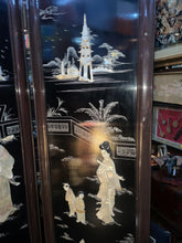 Load image into Gallery viewer, CHINESE 4 PANEL COROMANDEL BLACK LAQUERED SCREEN WITH MOTHER OF PEARL OVERLAY!!
