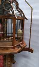 Load image into Gallery viewer, Beautiful and unique Vintage Hanging Wood Inlaid And Metal Birdcage W/ Stand 80”
