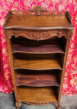 Load image into Gallery viewer, Antique Carved Wood Display Cabinet Floral Basket Crest Rococo Revival 54x24x12
