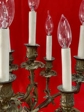 Load image into Gallery viewer, Antique 19th Century Candelabra Lamps, Brass on Heavy Marble 31” Tall
