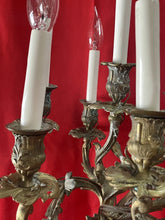 Load image into Gallery viewer, Antique 19th Century Candelabra Lamps, Brass on Heavy Marble 31” Tall
