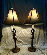 Load image into Gallery viewer, Vintage Pair Of 32” Tall Solid Brass Dolphin Feng Shui TABLE LAMPS w/ Shades
