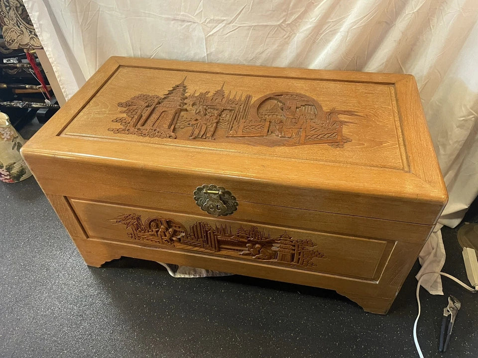Vintage Mid Century Chinese Carved Teak Trunk George Zee & Co